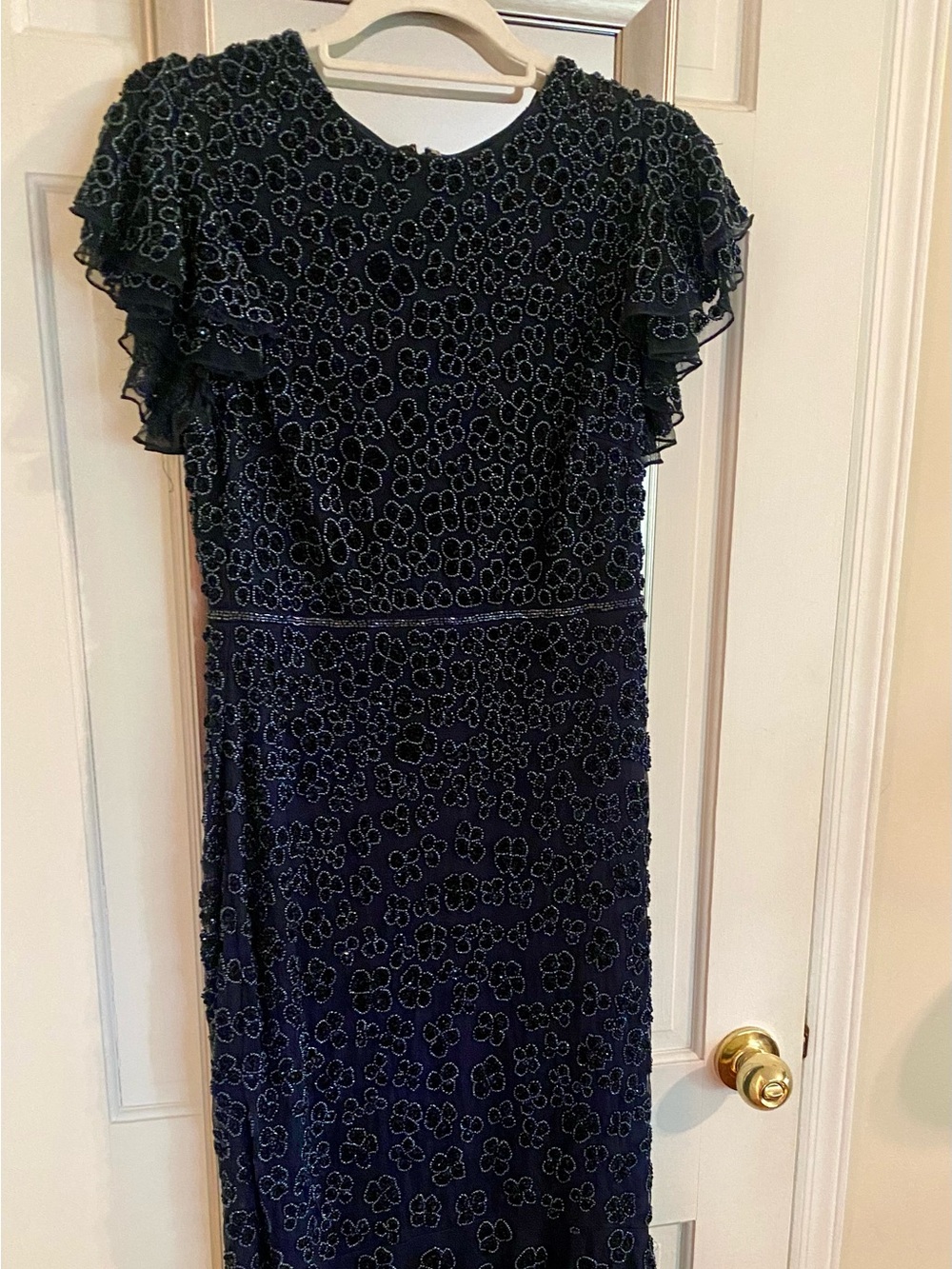 Mac Duggal Navy Floral Beaded Ruffle Sleeve Evening Dress - Picture 2 of 7